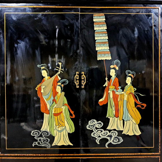 Image 1 of Vintage Chinese Pagoda kast tradioneel tafereel (bohemian / oosterse kast) tv kast