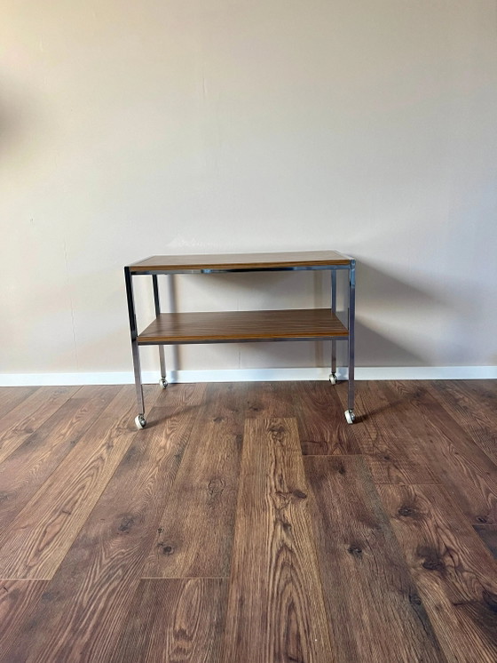 Mid Century Chrome and Teak Formica Serving Trolley, 1970s, Space Age Serving Trolley, Vintage Rolling TV Cart (photo 7 of 9)