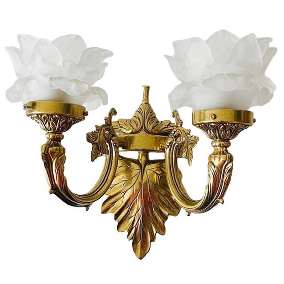 Image 1 of Lampada da parete vintage in ottone barocco rococò di metà secolo, rosa, anni '50