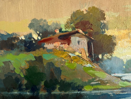 Image 1 of Original Oil Painting Evening River Landscape Love and the reflection of the sun
