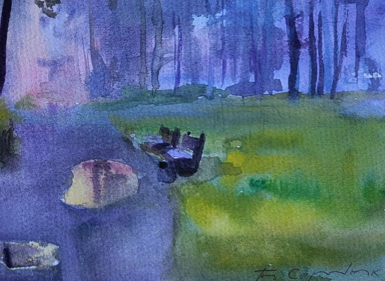 Original Watercolor Painting Cityscape Park Morning After Rain – Paintings & Drawings, Paper (photo 7 of 7)