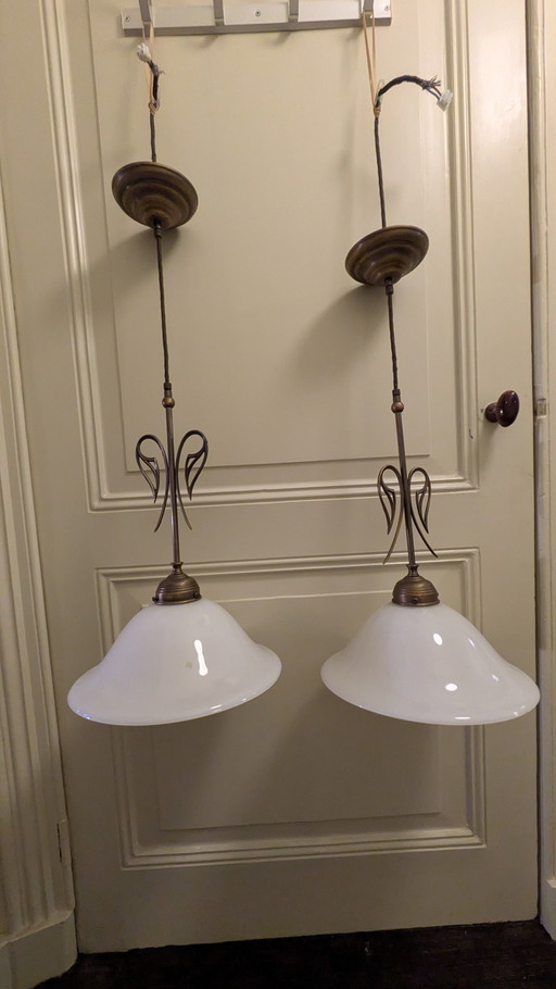 2 vintage hanging lamps art deco style opaline shade