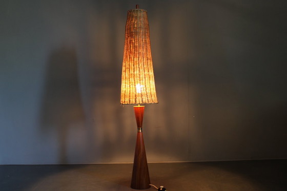 Image 1 of 1960s Parker Knoll Wooden Table Lamp with wicker shade, Britain