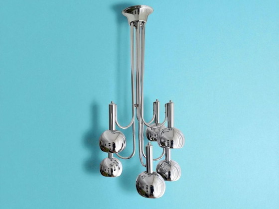 Image 1 of Grand lustre à 6 lumières en cascade de l'ère spatiale en argent chromé