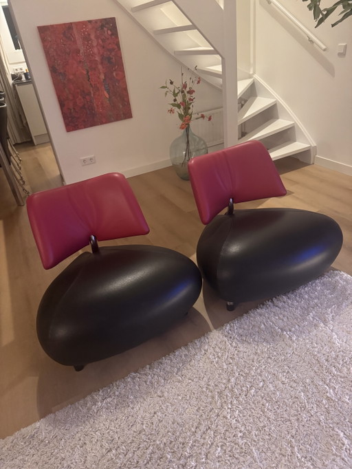 Leolux Pallone Uitstekende Staat 2 X Zwart Leer (Fuchsia Roze Rugleuning) – fauteuils, Leather, Metal