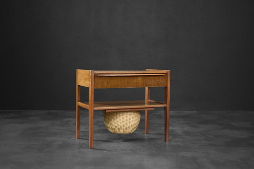 Vintage Mid-century Danish Modern Teak Thread Side Table with Wicker Basket, 1960s