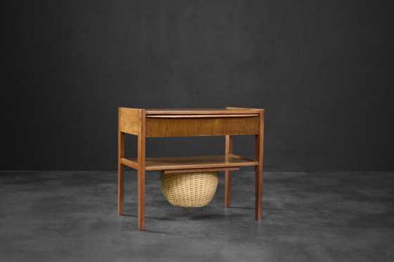 Image 1 of Vintage Mid-century Danish Modern Teak Thread Side Table with Wicker Basket, 1960s