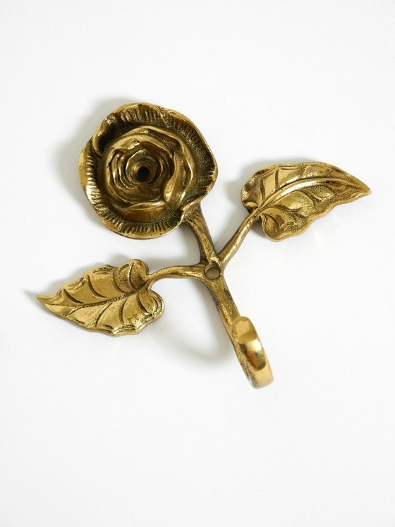 Image 1 of Set of five beautiful, solid mid-century brass rose wall coat hooks