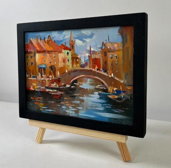 Image 1 of Original Oil Painting Street River Landscape City Central Bridge