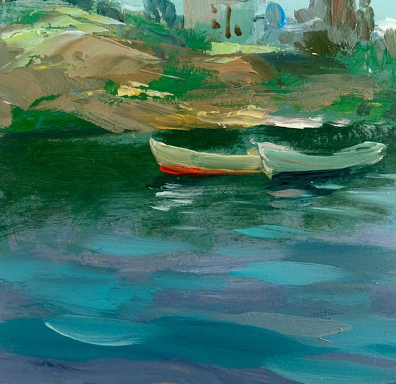 Image 1 of Origineel olieverfschilderij: Zomerkustlandschap, rustig vissen.