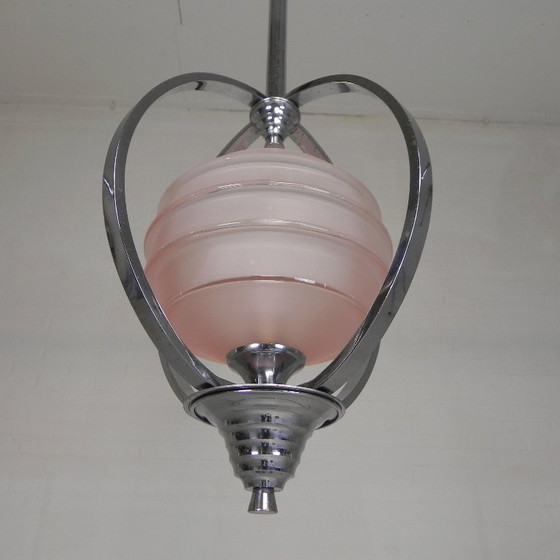Image 1 of Art Deco pendant lamp with glass shade in a chrome frame, 1930s