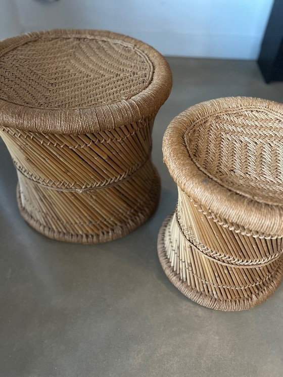 Image 1 of Set of side tables/poufs/plant tables made of bamboo with woven jute