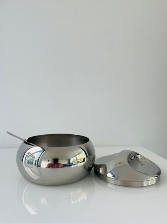 Image 1 of Vintage space age stainless steel sugar bowl with spoon – Tramontina design