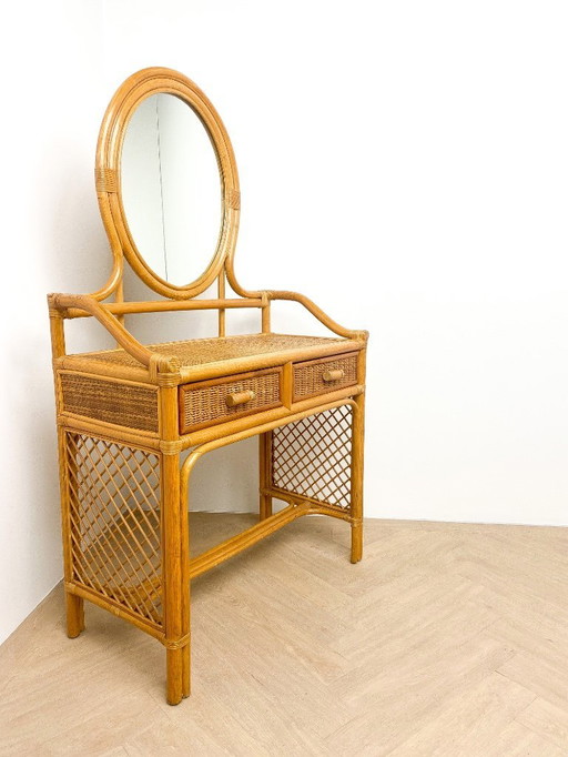 Vintage rattan dressing table with chair and mirror