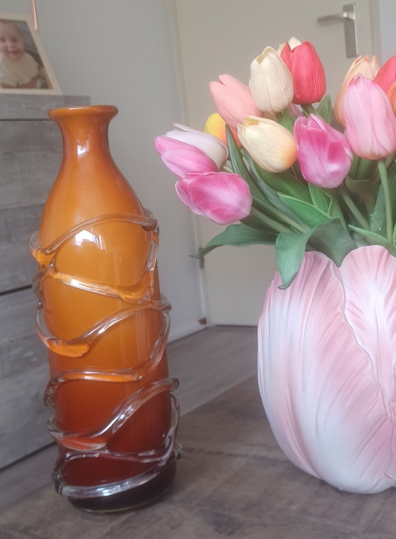 Image 1 of Large 80s Murano vase with serpentine glass threads