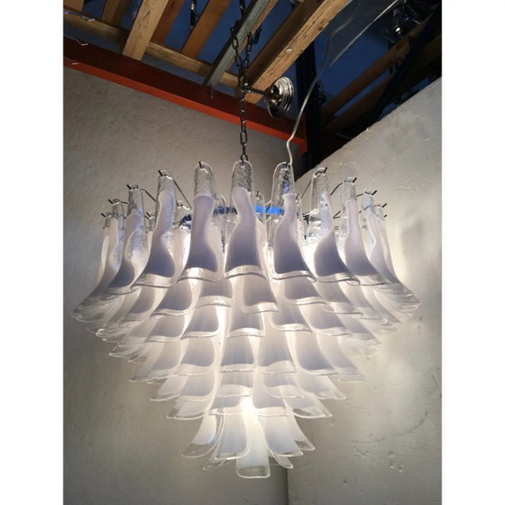 Image 1 of Witte en transparante "Selle" Murano glazen kroonluchter in Mazzega-stijl