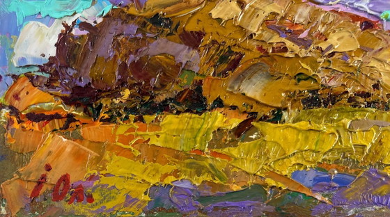 Image 1 of Original Oil Painting Summer Field Landscape The sun touches the ground