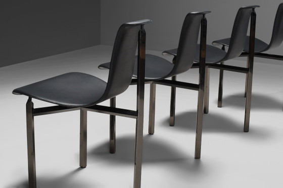 Fauteuils en cuir et chrome à trois pieds, Italie, années 1970 – Chaises de salle à manger, Leather, Vintage (photo 3 of 9)