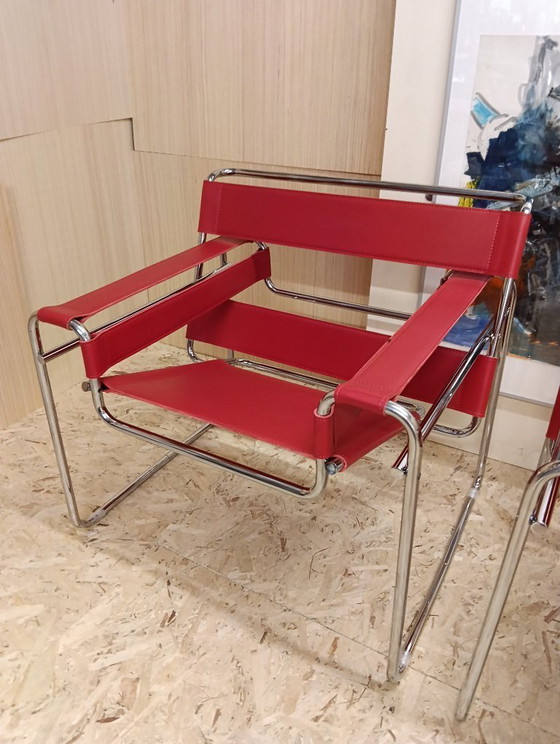 Image 1 of KNOLL Studio Set van 2 WASSILY B3 fauteuils (NIEUW) in rood leer