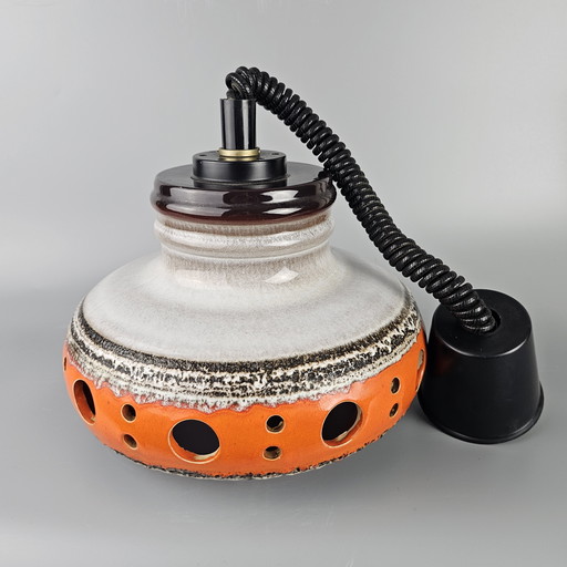 Vintage XL Orange/Weiß Pendelleuchte aus Keramik, von Herda. UFO-Hängelampe aus den 1970er Jahren. Fat Lava Lampe.