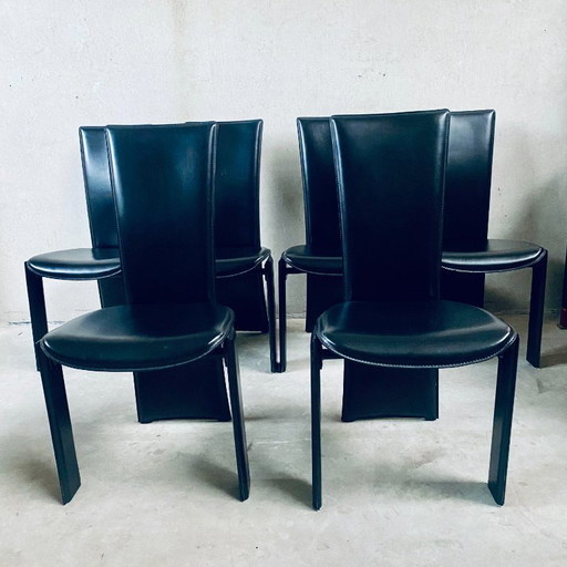 6 x Schwarze Leder-Esszimmerstühle von Pietro Costantini, italienisches Design, 1980