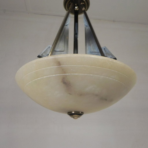 Lampada a sospensione in stile Art Déco con ciotola in alabastro, anni '80