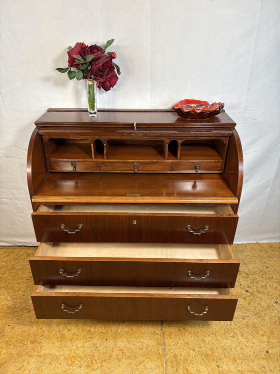 Image 1 of Mid-Century Swedish Teak (or Walnut) Roll-Top Bureau by Egon Østergaard for AB Bröderna Gustafssons 1960  Bring a timeless Scand