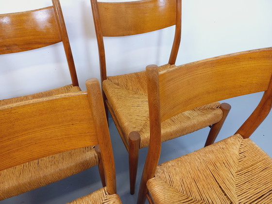 Image 1 of Suite de 6 chaises vintage italiennes en teck et corde danoise Gessef Consorzio Sedie Friuli