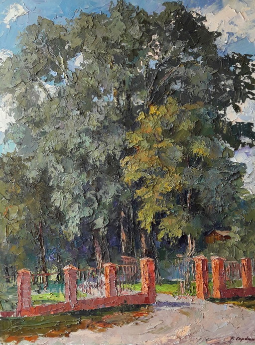 Origineel olieverfschilderij Stadsgezicht Zomerschoolpark