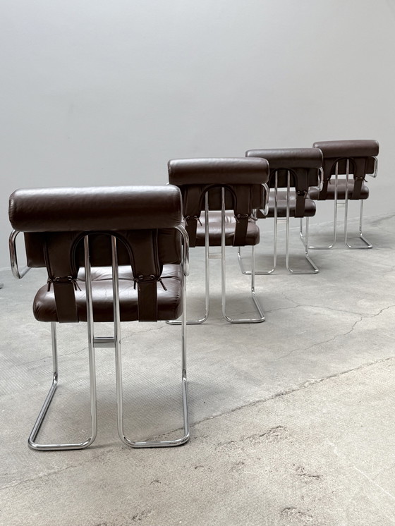 Image 1 of Set of 4 Guido Faleschini for i4Mariani 'Tucroma' chairs leather brown chrome, Italy 1970s
