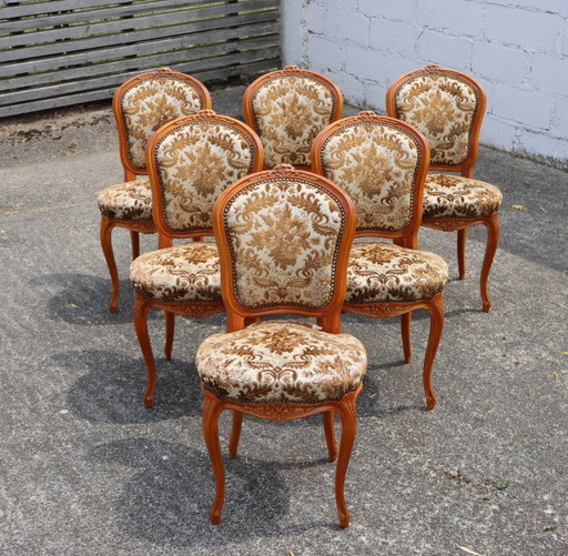 Ensemble de 6 chaises de salle à manger en bois - chaises de salle à manger tapissées - style Louis xv - 70s