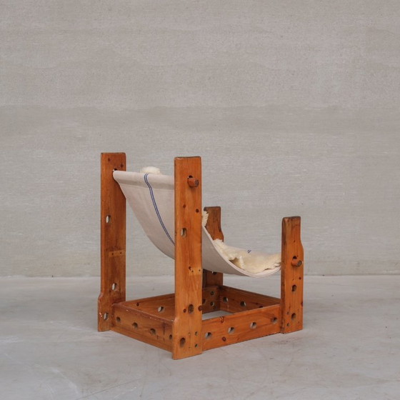 Image 1 of Poltrona a fionda spagnola in legno e tela della metà del secolo scorso