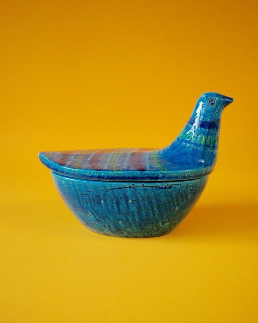 Scatola portaoggetti a forma di colomba in ceramica blu Rimini, Bitossi anni '70
