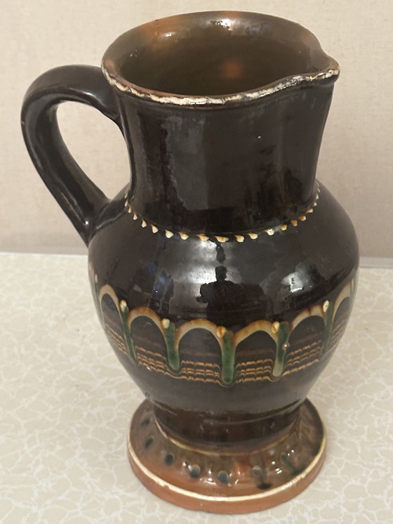 Image 1 of Vintage glazed pottery pitcher from Romania H 27 cm