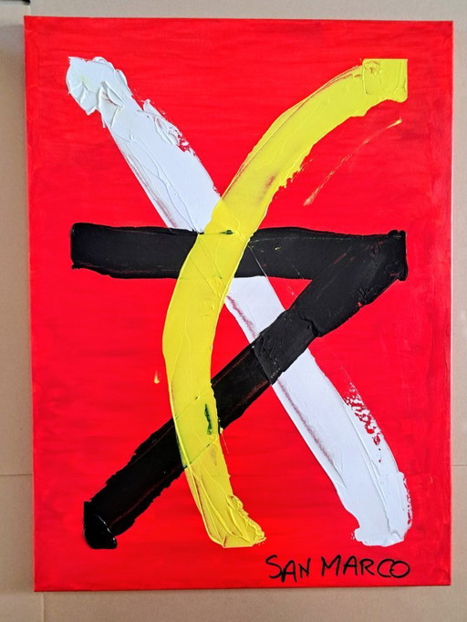 Enzo SAN MARCO - Couleurs essentielles sur fond rouge - Tableau d'artiste