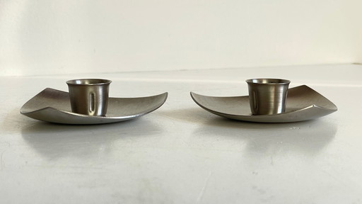 Vintage brushed metal geometric candlesticks