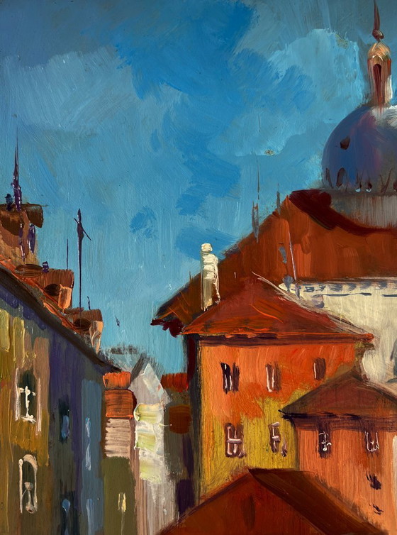 Image 1 of Original Oil Painting River Street Landscape Bridge connecting the city banks