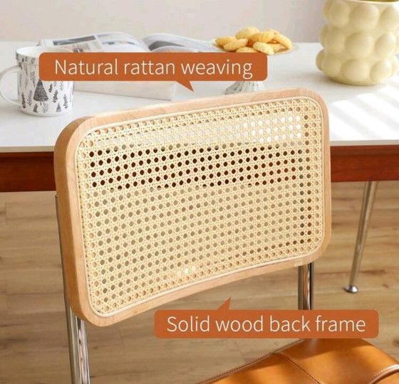 Set van 2 nieuwe Webing Eetkamerstoelen, Kunstleer, Rotanhout, Metalen poten – Rattan (photo 4 of 11)