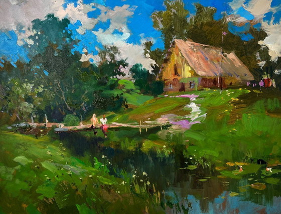Image 1 of Original Oil Painting Summer Village Landscape Quiet Conversations of Girls
