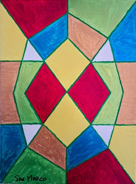 Pittura astratta geometrica, firmata Enzo SAN MARCO, Dipinti e disegni, Tela, Rosso, Abstract (foto 2 di 11)