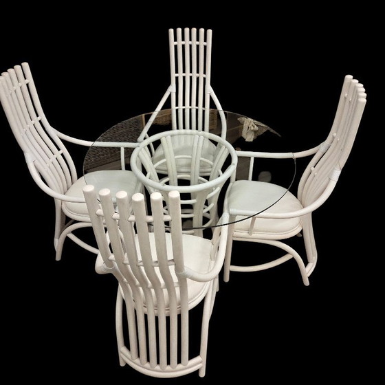 Complete Manou Eethoek Eetkamerstoelen en Eetkamertafel 120 cm – Eetkamerset, Glass, Rattan (photo 4 of 6)