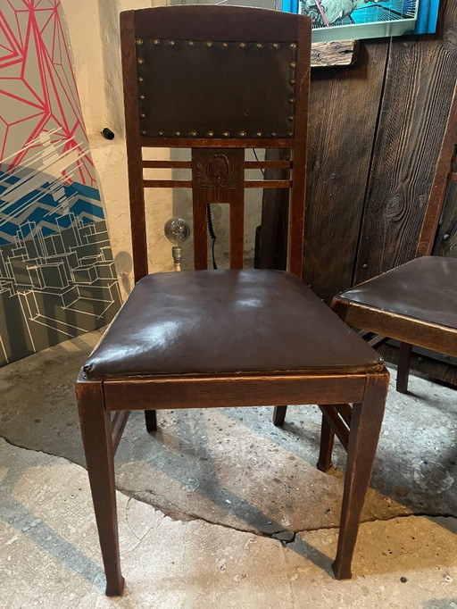 4x Antique Art Nouveau Chairs | Oak & Leather | Vintage