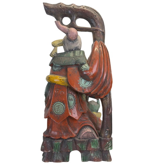 Monumentale Handgesneden Chinese Teakhouten Shoulao Beeldhouwkunst – God van de Levensduur (65.5 x 27.5 cm / (photo 5 of 11)