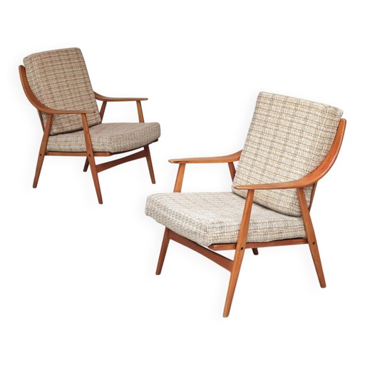 Paire de fauteuils style Boomerang en tissu beige écru, années 1960.