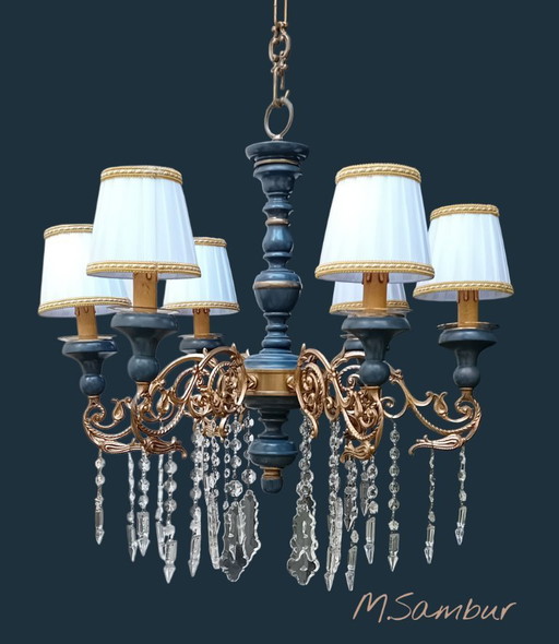 Vintage-Kronleuchter aus Graphit, Kristall und Gold. Italienisch.