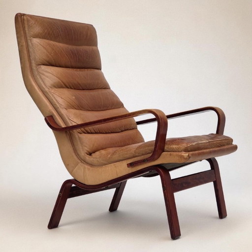 Anni '70, Poltrona Scandinava con Schienale Alto, Pelle per Mobili, Legno Curvato