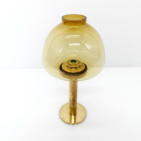 Image 1 of Set of 5 Hans-Agne Jakobsson Scandinavian Candlesticks Claudia Model in Brass and Amber Glass, Sweden, 1960