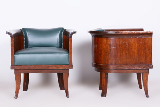 Pair Of Restored Art Deco Armchairs, by F. And H. Gessner, Oak, Czech, 1920s – fauteuils, Leather, Wood (photo 2 of 9)
