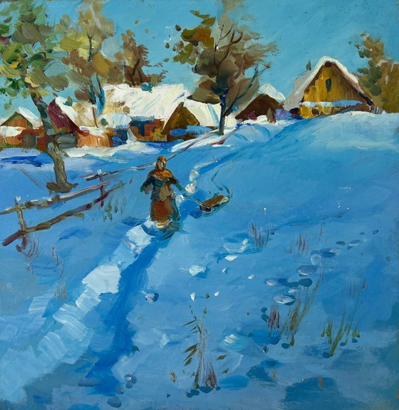 Image 1 of Peinture à l'huile originale Paysage de village enneigé Conte du soir d'hiver