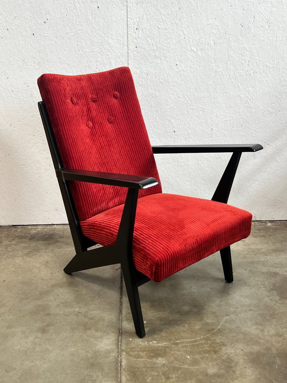Poltrona vintage, nera e rossa, anni '50, Paesi Bassi – Poltrone, Wood (photo 8 of 11)